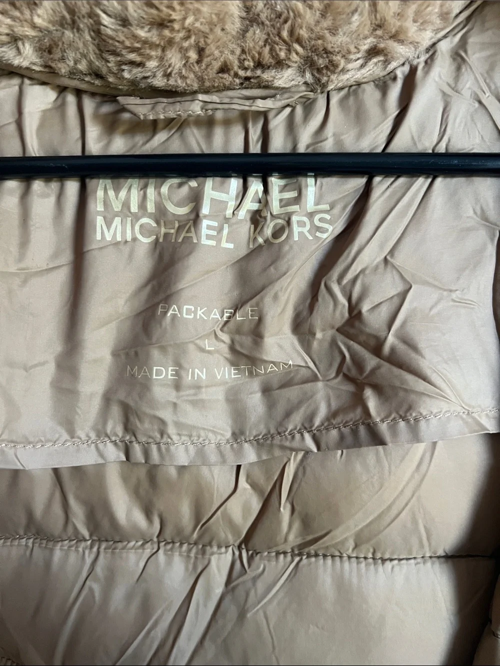 Michael Kors Tan Quilted Puffer Jacket with Faux Fur Collar